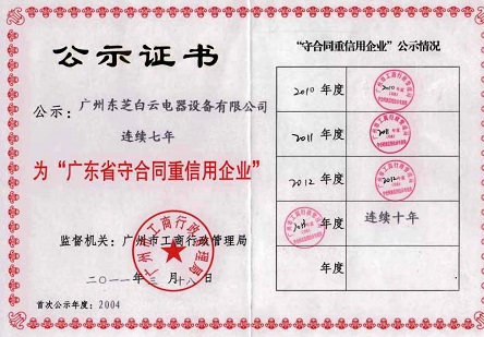 2013年 3月，連續十年被評為廣東省守合同重信用企業